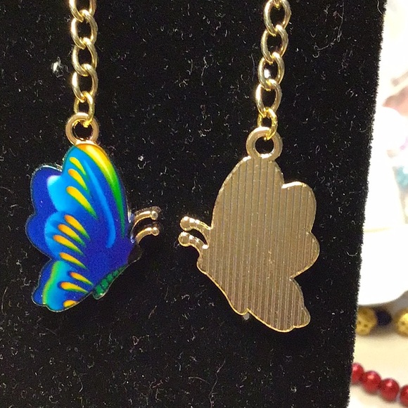 BUTTERFLIES … blue and gold metal earrings Handcrafted/home made ... BE-1 - Picture 3 of 9
